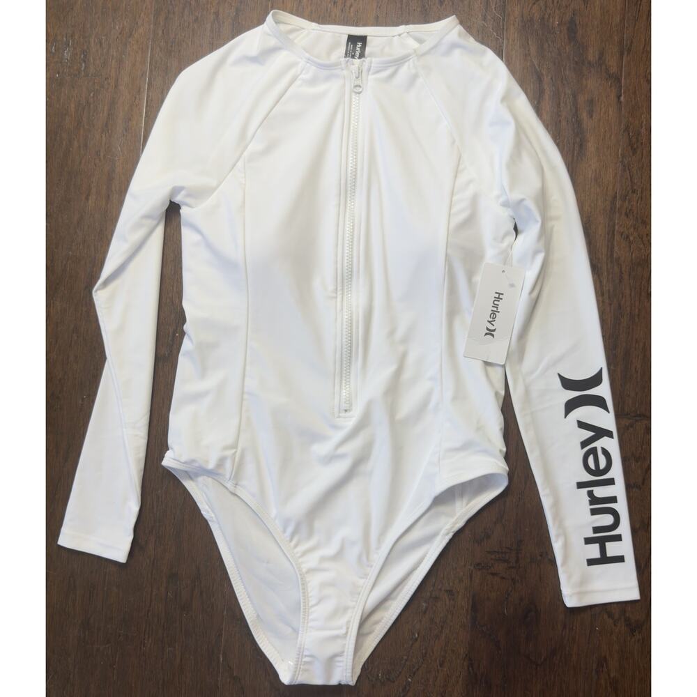 Hurley Womens M White Long Sleeve One Piece Swimsuit Surfsuit Rash Guard NWT